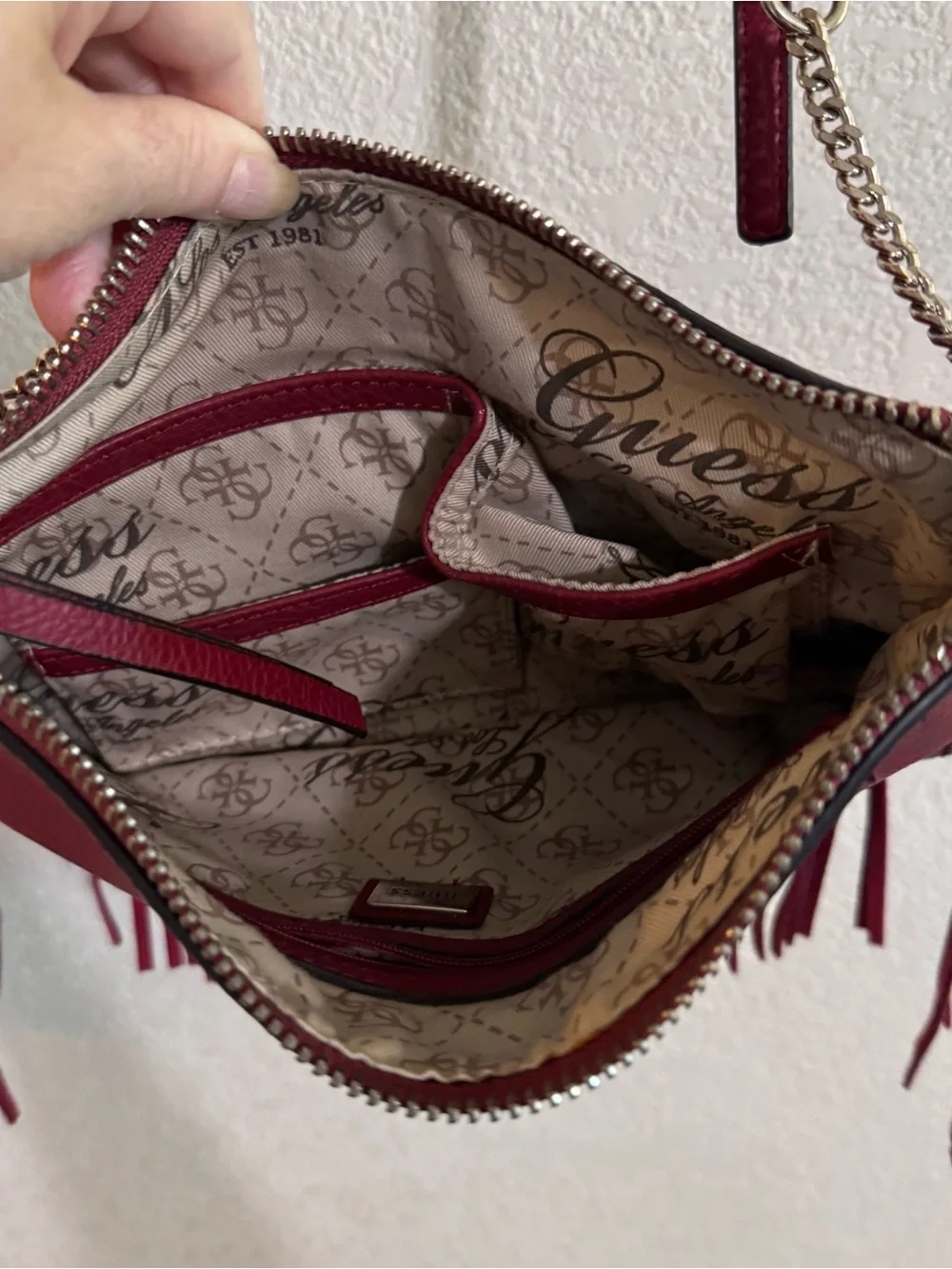 GUESS deep red,genuine cow leather Fringe Crossbody Bag,festival,western,NWOT